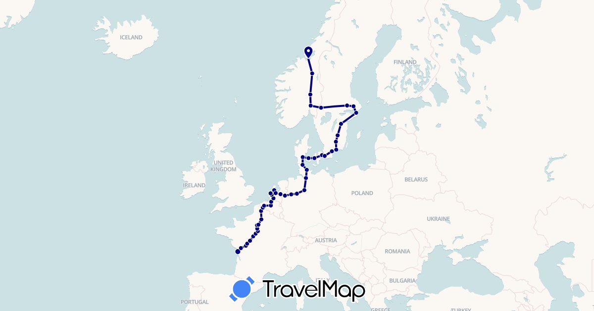 TravelMap itinerary: driving in Belgium, Germany, Denmark, France, Netherlands, Norway, Sweden (Europe)